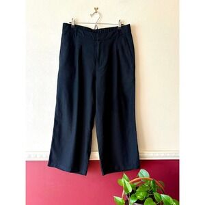 Old Navy Black Linen Blend Wide Leg Cropped Pleated Pants L Lightweight Relaxed